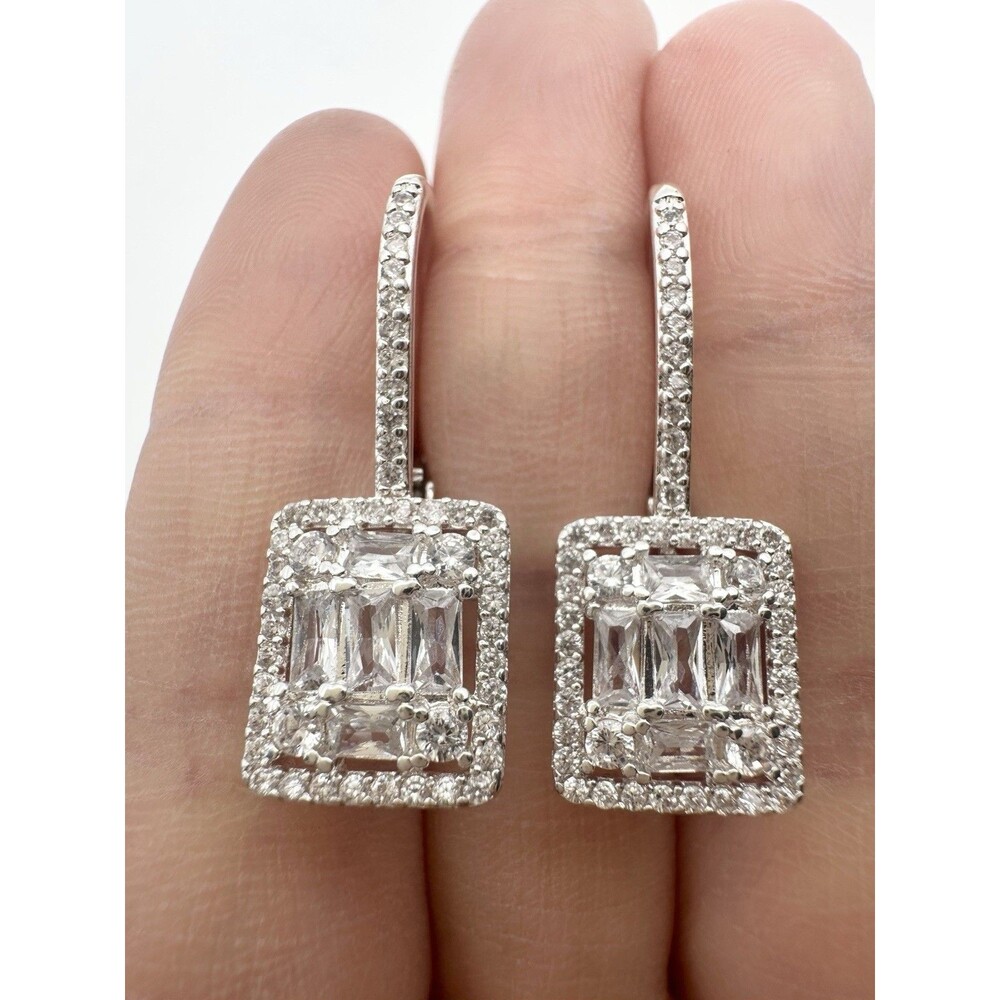Silver Plated Baguette Lever Back Earrings C Z